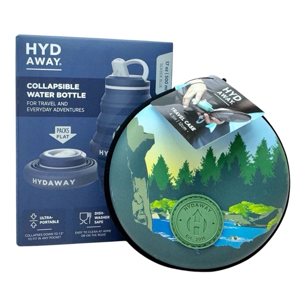 (A4) Hydaway 17oz Collapsible Water Bottle Seaside Blue & Acadia Travel Case New